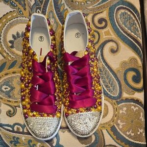 Maroon and Gold Sequin Sneakers with Satin Laces